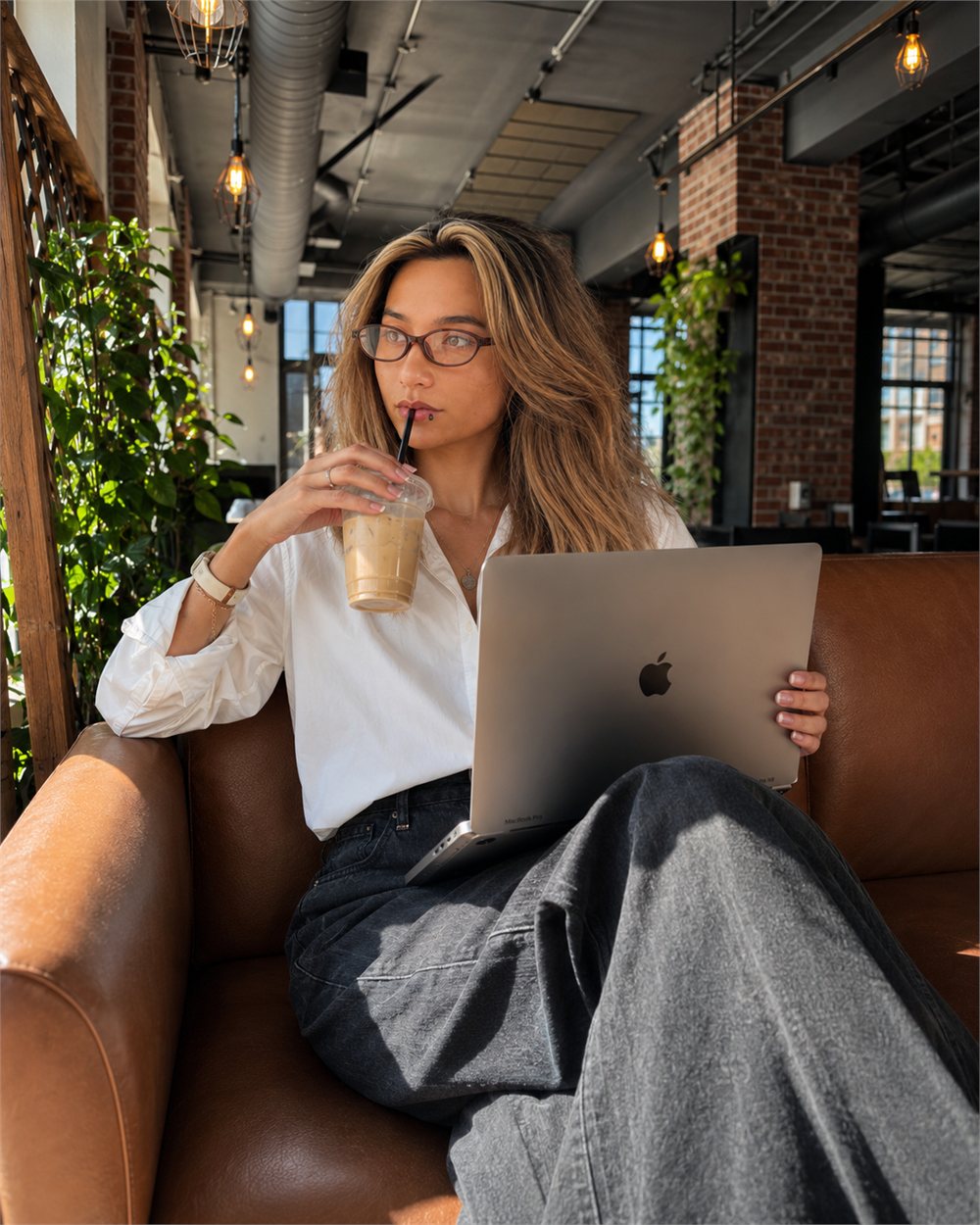Esthefany, fundadora de Remoteros, trabajando desde un café con su laptop