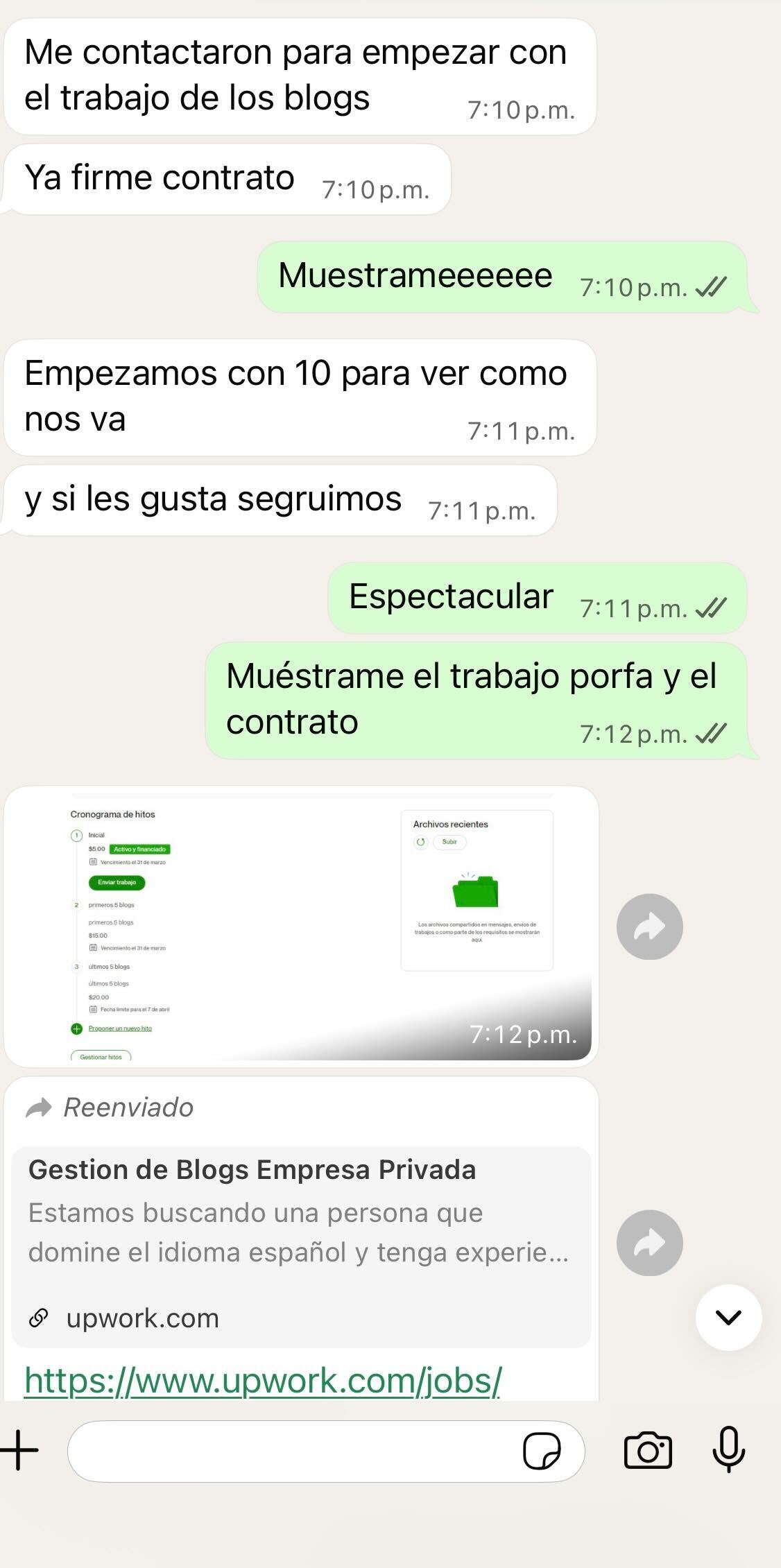 Captura de chat: Damaris firma su primer contrato de gestión de blogs con un cliente directo.