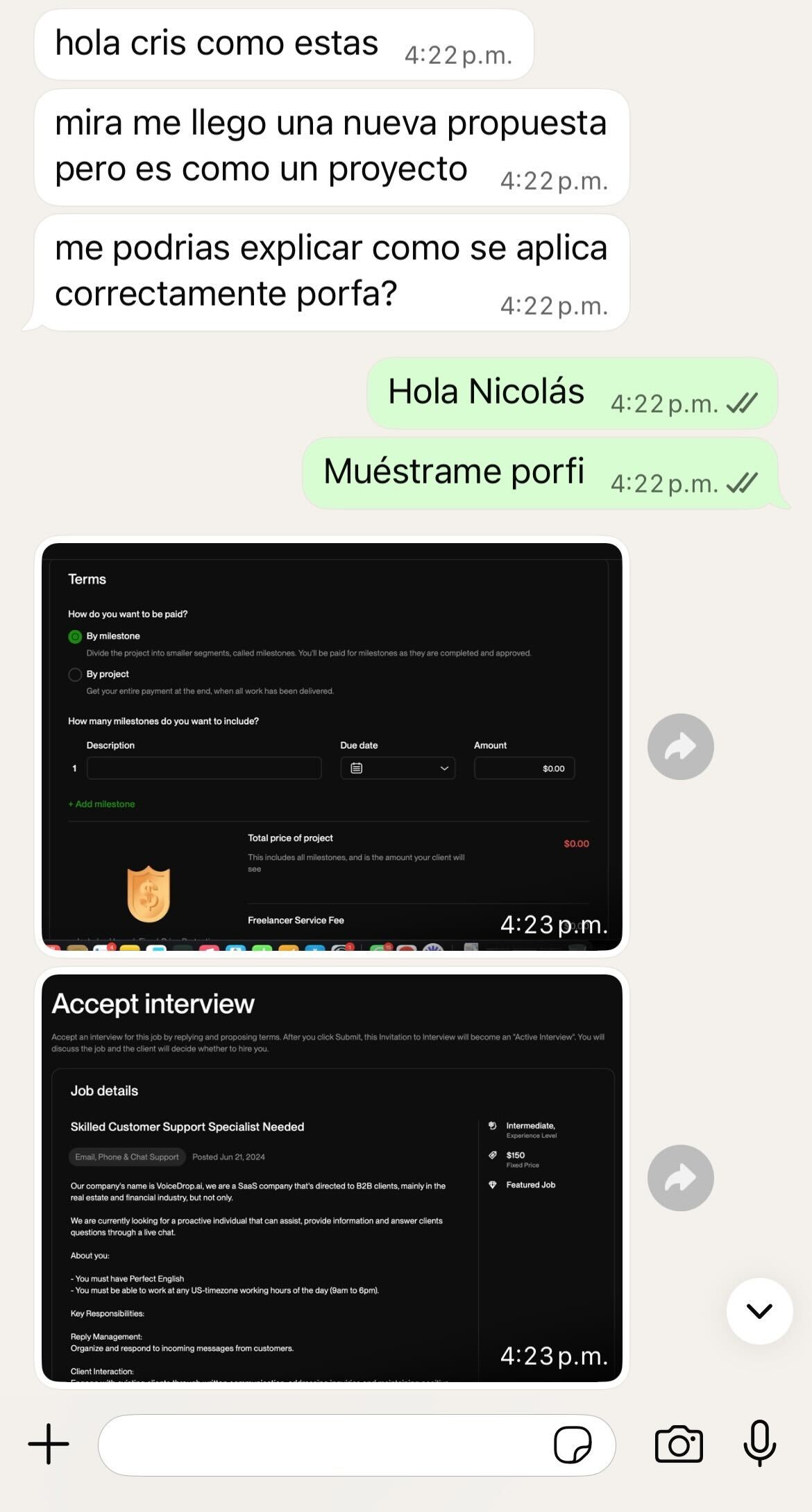 Captura de chat: Nicolás muestra a Cris una invitación a entrevista para Customer Support en VoiceDrop.ai.