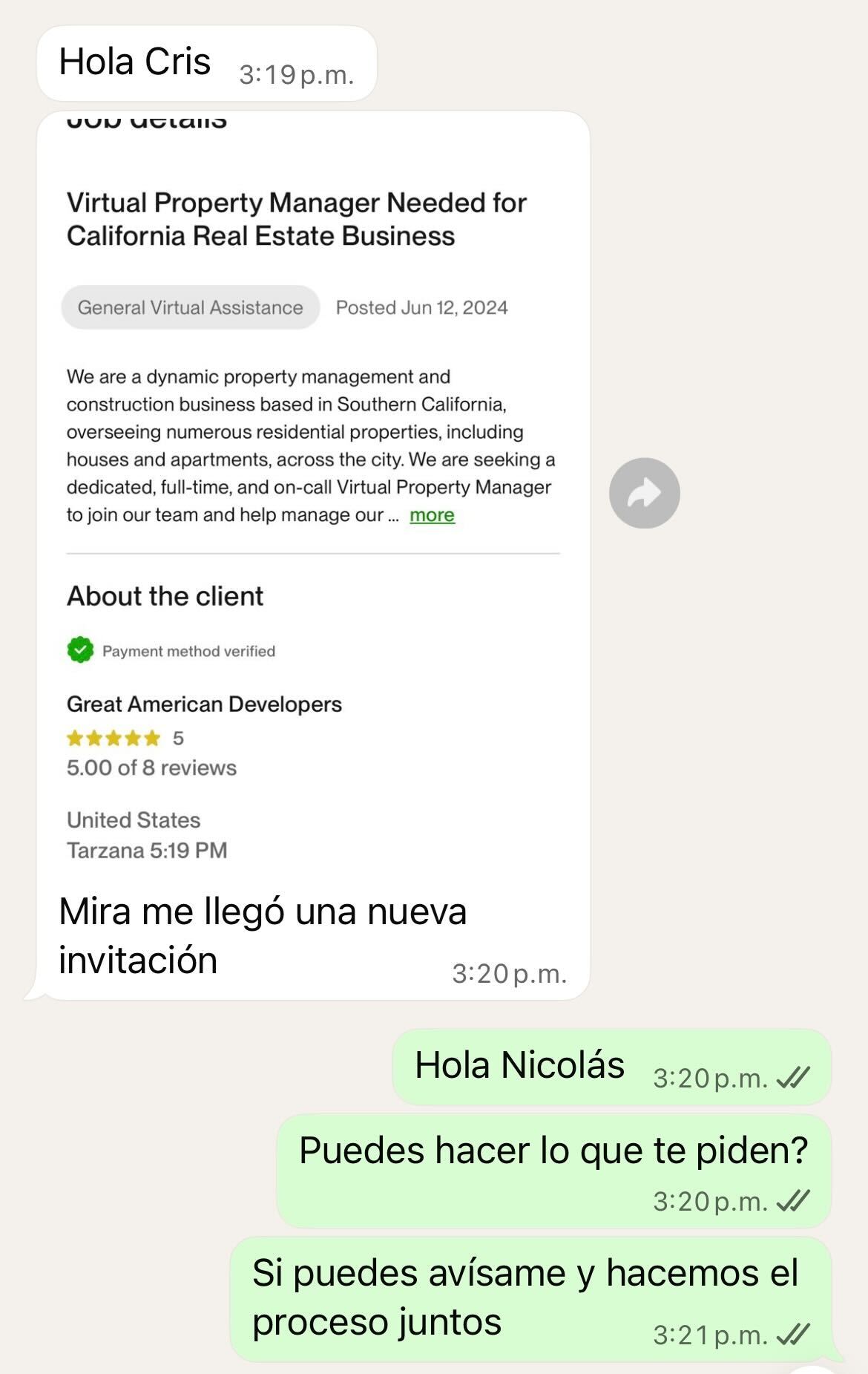 Captura de chat: Nicolás recibe una invitación de un cliente verificado en California con 5 estrellas y 8 reseñas.