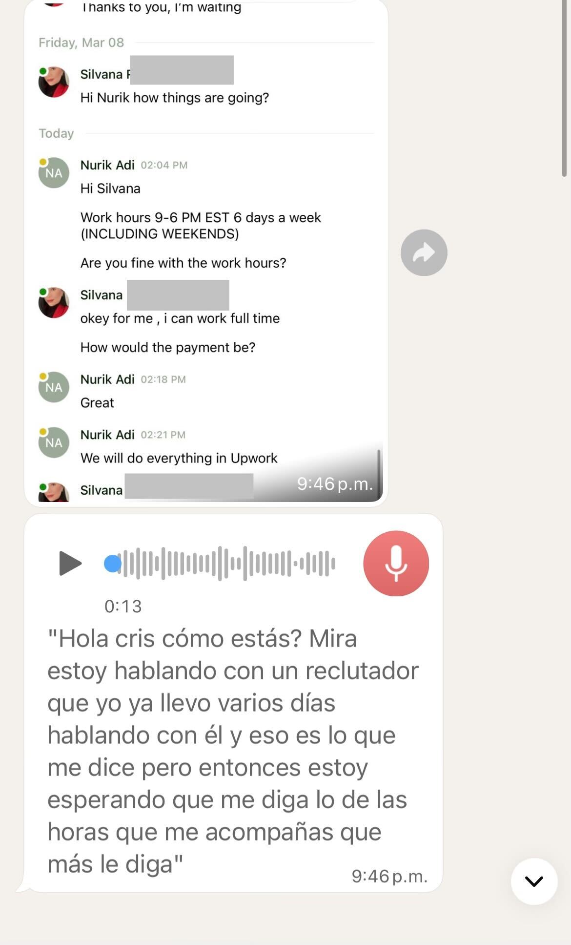 Captura de chat: el cliente propone horario 9 a 6 PM EST. Silvana confirma jornada completa.